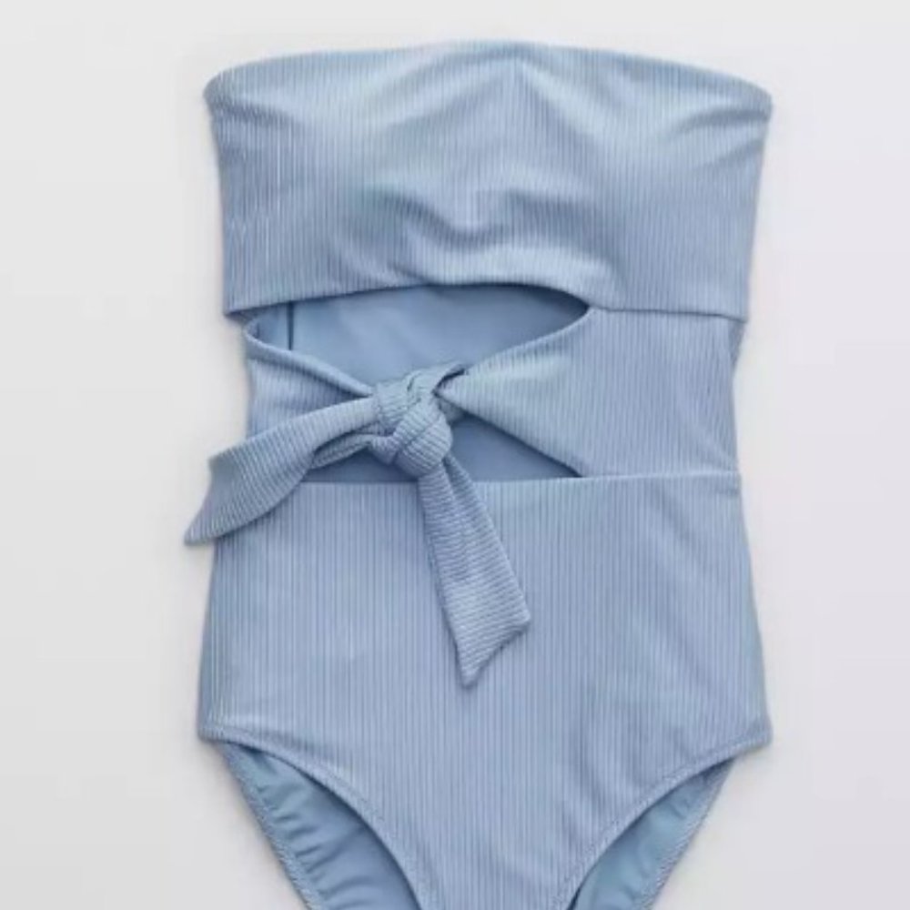 NWT Aerie Ribbed Shine Wrap Strapless One Piece Swimsuit, Medium, Monaco Blue